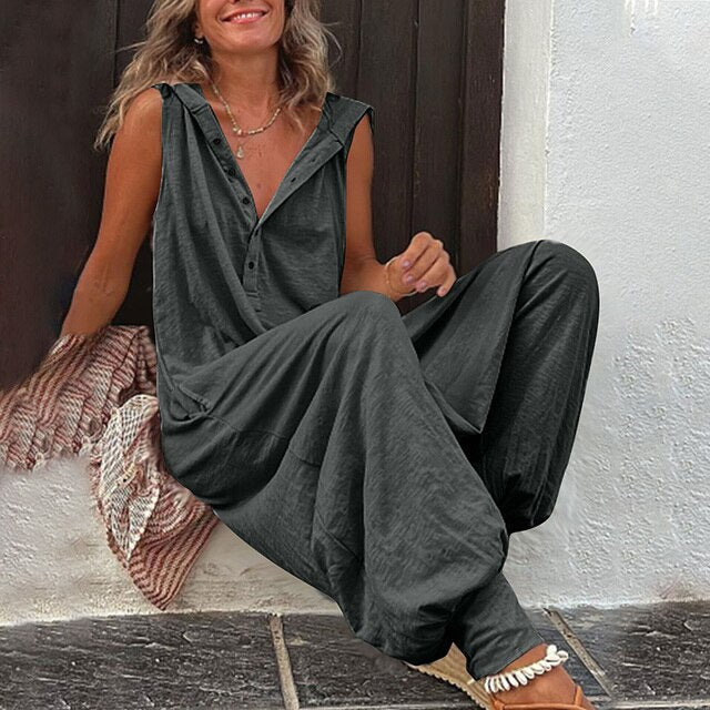 Women's Wide-Leg Summer Jumpsuits with Button Front and Pockets