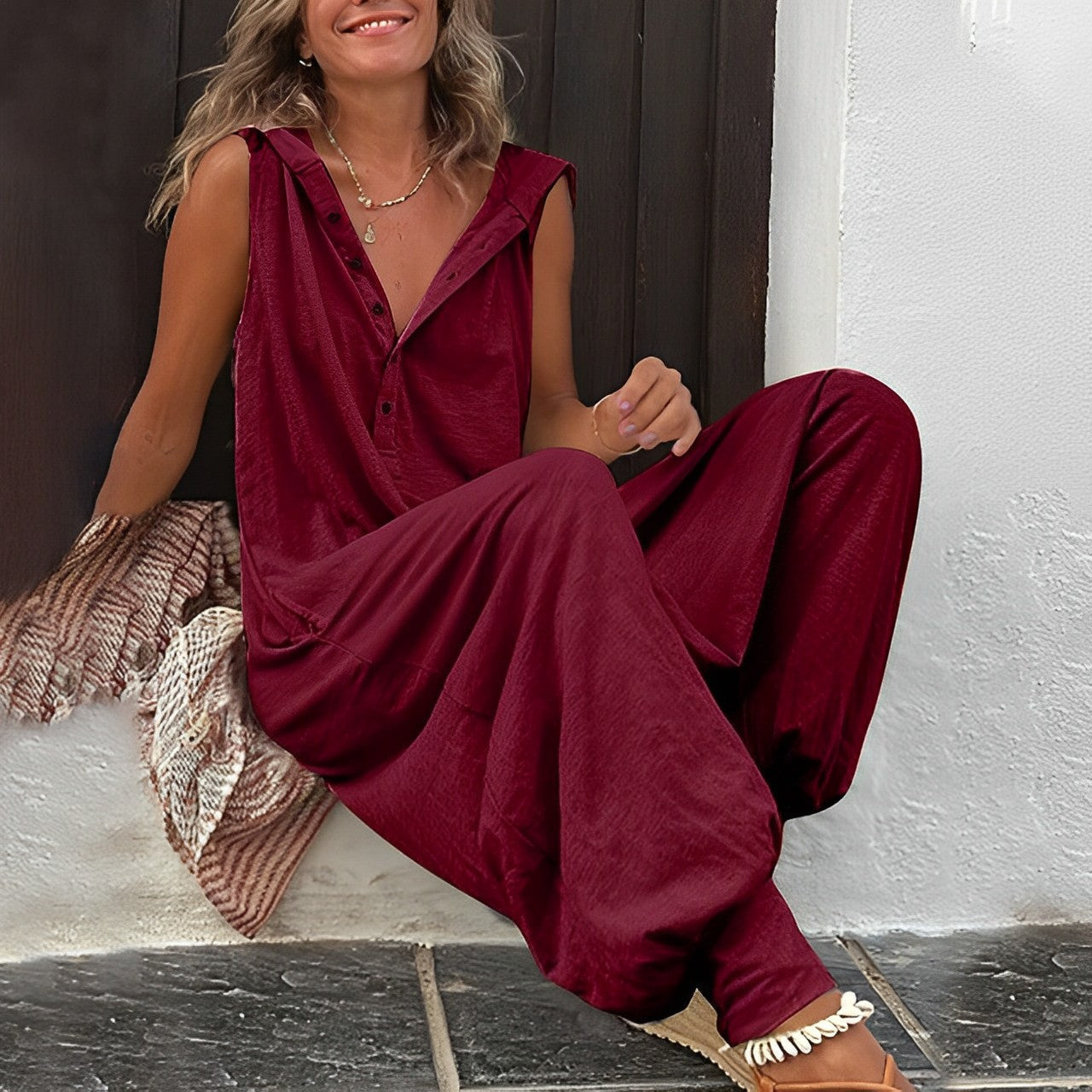 Women's Wide-Leg Summer Jumpsuits with Button Front and Pockets