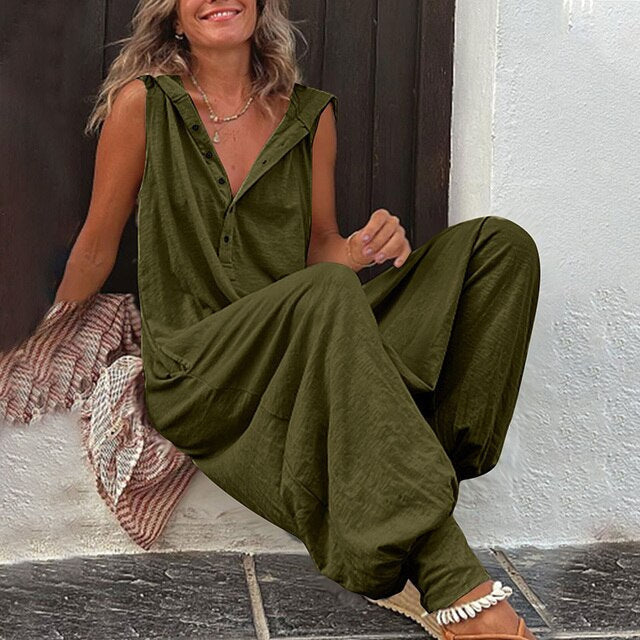Women's Wide-Leg Summer Jumpsuits with Button Front and Pockets